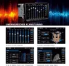 Collage of screenshots from an infotainment system showing audio tuning features, with abstract soundwave graphics. Podgląd zdjęcia produktu