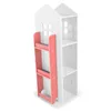 A white and pink children's bookshelf shaped like a house, shown from a three-quarter angle against a white background. Podgląd zdjęcia produktu
