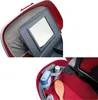 A collage of two close-up shots of a red beauty case, showing its interior compartments and accessories. Produktbild-Vorschau