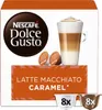 A product shot of Nescafé Dolce Gusto Caramel Latte Macchiato coffee capsules and a prepared drink. Produktbild-Vorschau