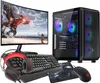 A gaming computer setup including a monitor, tower, keyboard, mouse, and headphones, displayed on a white background. Produktbild-Vorschau