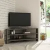 A modern corner TV stand with a television and decorative items in a living room setting.