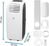 A portable air conditioner unit and its accessories are displayed against a white background. Produktbild-Vorschau