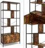 A multi-panel image showcasing a tall, multi-shelf bookshelf with a cabinet base. The right side of the image provides close-up views of the bookshelf's construction and wood grain. Podgląd zdjęcia produktu