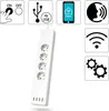 A white smart power strip with multiple outlets and USB ports, surrounded by icons representing its features. Produktbild-Vorschau