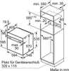 Technical drawing showing dimensions and installation space for an oven and a cabinet. Produktbild-Vorschau