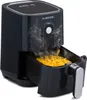 A dark gray Klarstein air fryer with a basket of french fries inside, emitting steam. Produktbild-Vorschau