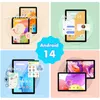 A collage of four images showcasing features of an Android 14 tablet. Produktbild-Vorschau