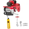 A red electric hoist with a yellow remote control, suspended against a white background. Náhľad obrázku produktu