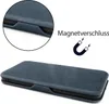 A blue flip case for a smartphone, shown closed, with a close-up inset of the magnetic closure and a graphic indicating a magnetic closure. Produktbild-Vorschau