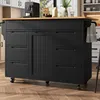 A black kitchen island with a wooden countertop is shown in a kitchen setting. Produktbild-Vorschau