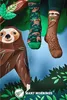 A whimsical scene featuring a large paper-mache sloth and two pairs of sloth-themed socks hanging from branches against a blue background. Náhľad obrázku produktu