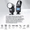 Two Godox V1 Pro camera flashes are displayed on a white, textured surface, with marketing text and feature icons below. Produktbild-Vorschau