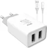 A white dual-port USB charger and a white USB-C cable are shown against a white background. Produktbild-Vorschau
