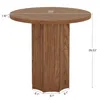 A round wooden table with a pedestal base, shown with dimensions indicated. Produktbild-Vorschau