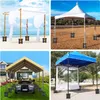 A collage of four images showing different types of canopies and tents, each supported by weighted bases. Produktbild-Vorschau