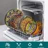 A stack of colorful, patterned plates inside a dishwasher. Náhled obrázku produktu