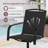 A black outdoor chair with text overlays highlighting its features, set against a blurred background of a pool and plants. Produktbild-Vorschau