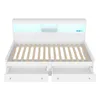 A white bed frame with a slatted base and two drawers underneath, set against a white background. The headboard features integrated LED lighting. Produktbild-Vorschau