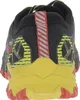 The back view of a black, yellow, and red trail running shoe. Produktbild-Vorschau
