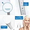 A collage of images showcasing features of a bath stool, including a close-up of the seat, a detail of the height adjustment mechanism, a close-up of the non-slip feet, and a woman smiling while touching her face with a bath stool in the background. Anteprima dell’immagine prodotto