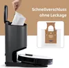 A robotic vacuum cleaner base station with a dust bag being inserted, and a separate image of a dust bag. Produktbild-Vorschau