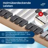 Close-up of a bed frame's slatted base, highlighting its features with text overlays. Produktbild-Vorschau