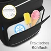 A close-up view of a black shopping trolley's insulated compartment, showcasing ice cream and a popsicle, with a water-repellent coating label and a snowflake symbol indicating cooling. Produktbild-Vorschau