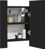 A black bathroom cabinet with two shelves, open doors, and various toiletries on display. Náhled obrázku produktu