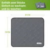 A marketing image showing a quilted gray pet training pad with dimensions indicated, and text in German. Produktbild-Vorschau