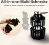 A close-up view of a multi-part black juicer component, with a demonstration of its separation. Produktbild-Vorschau