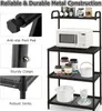 A black metal kitchen shelf unit with a microwave and various items on its shelves, with close-up insets showing product features. Náhled obrázku produktu