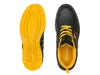 A top-down view of a pair of black work shoes with yellow accents, shown with one shoe's sole and the other shoe's interior. Produktbild-Vorschau