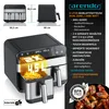 A marketing image of a black and silver dual-chamber air fryer with dimensions and feature callouts. Produktbild-Vorschau
