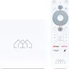 A white Homatics Box R Lite 4K Android TV device and its remote control are displayed on a white background. Produktbild-Vorschau