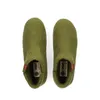 A top-down view of two green felt slippers. Produktbild-Vorschau