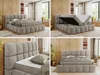 A collage of four images showing a beige upholstered boxspring bed with a decorative headboard from different angles, including one showing the storage compartment open. Produktbild-Vorschau
