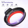 A close-up of a black sealing ring with a red inner lining, likely for a vacuum cleaner dustbin. The image includes marketing text and icons highlighting product features. Voir les images du produit