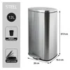 A stainless steel trash can with dimensions and feature callouts. Produktbild-Vorschau