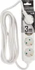 A white power strip with a coiled white power cord and a white plug, shown against a white background. The product packaging is partially visible on the right side. Produktbild-Vorschau