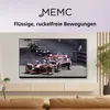 A television displaying a Formula E race, placed on a media console in a living room setting. Produktbild-Vorschau