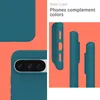 A marketing image showcasing a teal phone case with text overlay. Produktbild-Vorschau