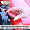 A hand is shown adjusting a red knob on a red machine. A smaller inset image shows a hand operating a lever on a black component of the machine. Produktbild-Vorschau