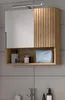 A bathroom cabinet with a mirror and open shelf, displaying toiletries. Produktbild-Vorschau