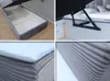 A collage of four images showing different aspects of a bed frame, including its storage compartment, lifting mechanism, and mattress. Produktbild-Vorschau