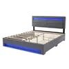 A modern gray bed frame with blue LED lighting. Podgląd zdjęcia produktu
