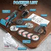 A collection of tools and accessories for a mini angle grinder laid out on a wooden surface. Produktbild-Vorschau