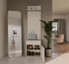 A modern entryway with a tall mirror, a white and beige hall tree with coat hooks and a shoe cabinet, and a potted plant. Produktbild-Vorschau