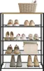 A multi-tiered shoe rack filled with various types of shoes and a decorative basket on top. Náhľad obrázku produktu