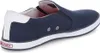A side view of a navy blue slip-on sneaker with a white sole and white accents on the heel. Náhled obrázku produktu